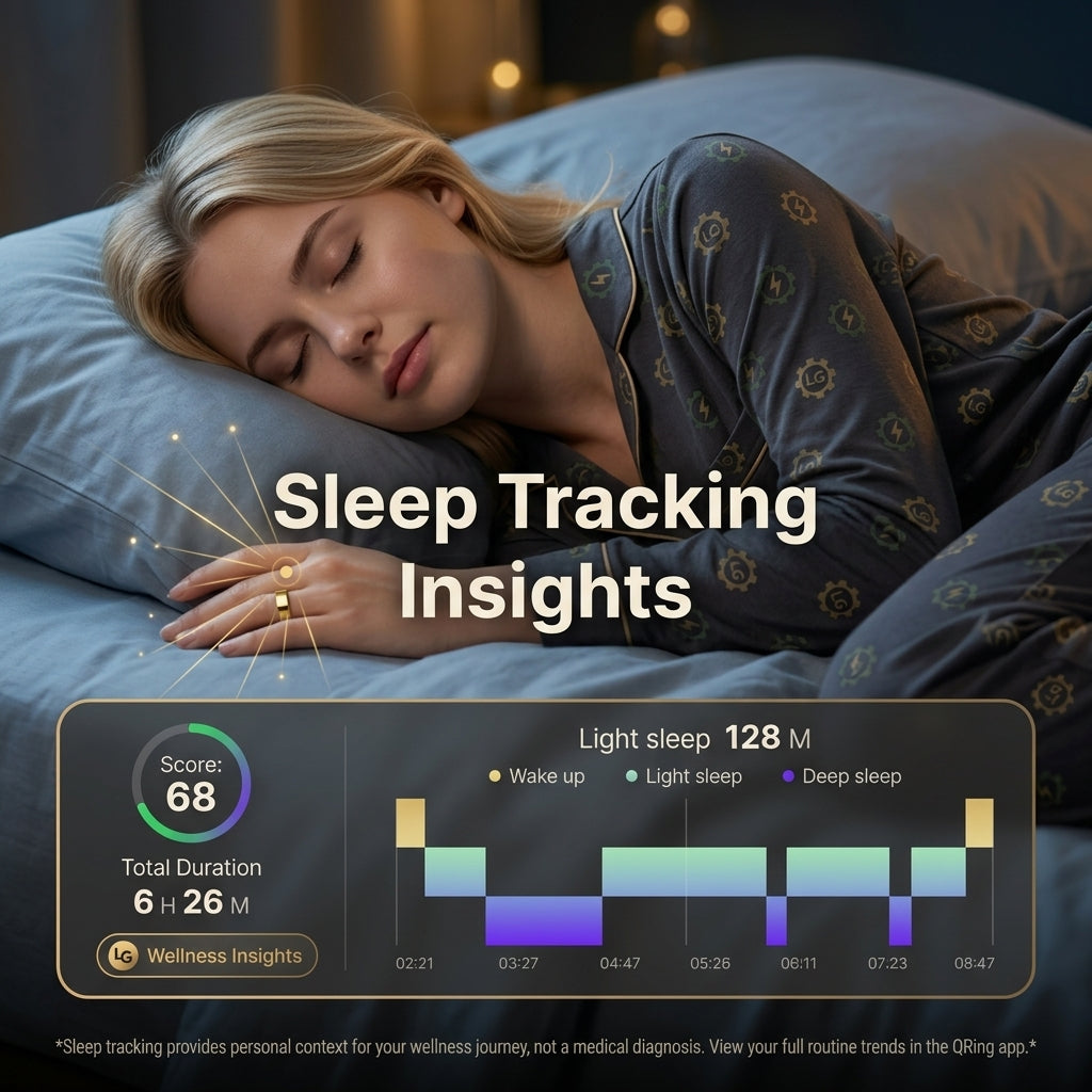 A woman in dark patterned pajamas lies asleep on a bed with blue bedding, overlaid with the text 'Sleep Tracking Insights' and a sleep analytics dashboard showing sleep stages and total duration.