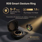 Black and gold R09 Smart Gesture Ring shown open next to its charging case on a dark textured surface, with marketing text highlighting 5-7 days standby life and 1.5 H rapid charging.