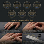 Instructional size guide for rings showing seven circular size charts at the top and four labeled panels with hands measuring a ring with rope/paper and a metal ruler. Text lists ring sizes from 7# to 13# with circumference and diameter measurements.
