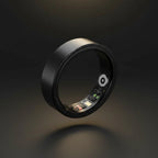 Black smart ring with open charging case on a white background