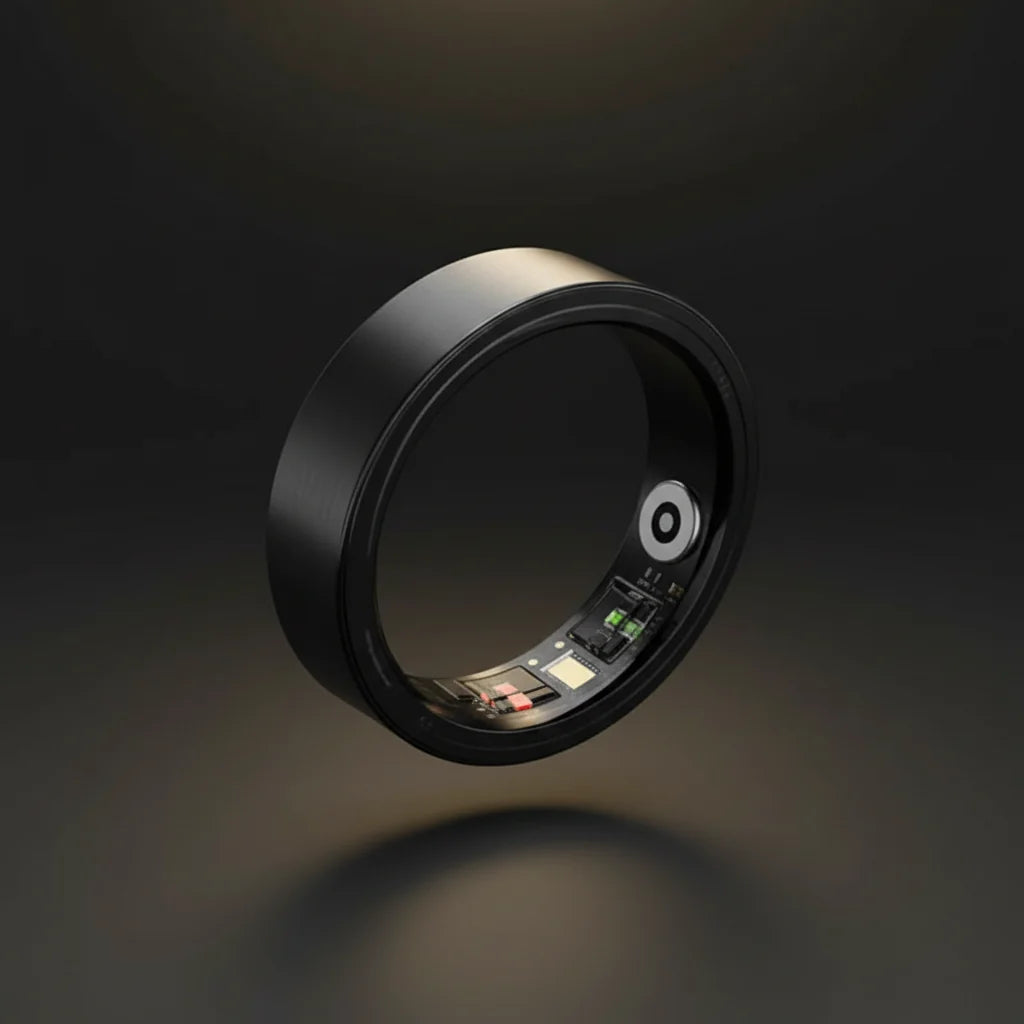 Black smart ring with open charging case on a white background
