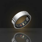 Smart ring with electronic components and a black case on a white background