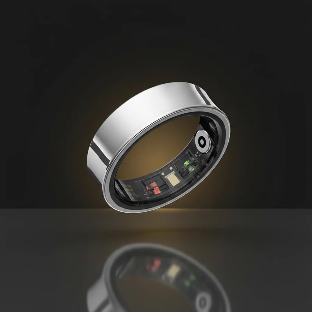 Smart ring with electronic components and a black case on a white background